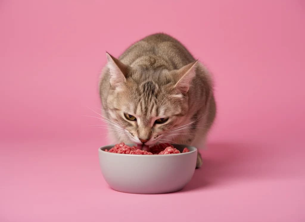 Cat eating raw food from a ceramic bowl
