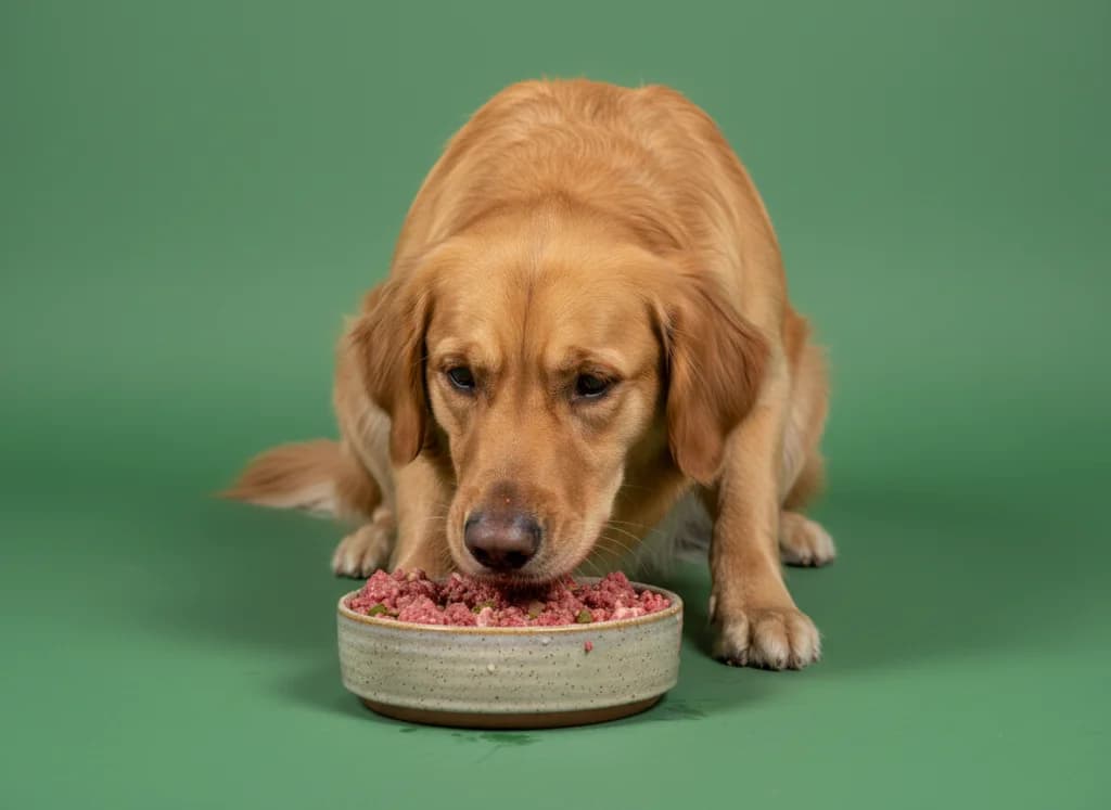 Dog eating raw food from a ceramic bowl