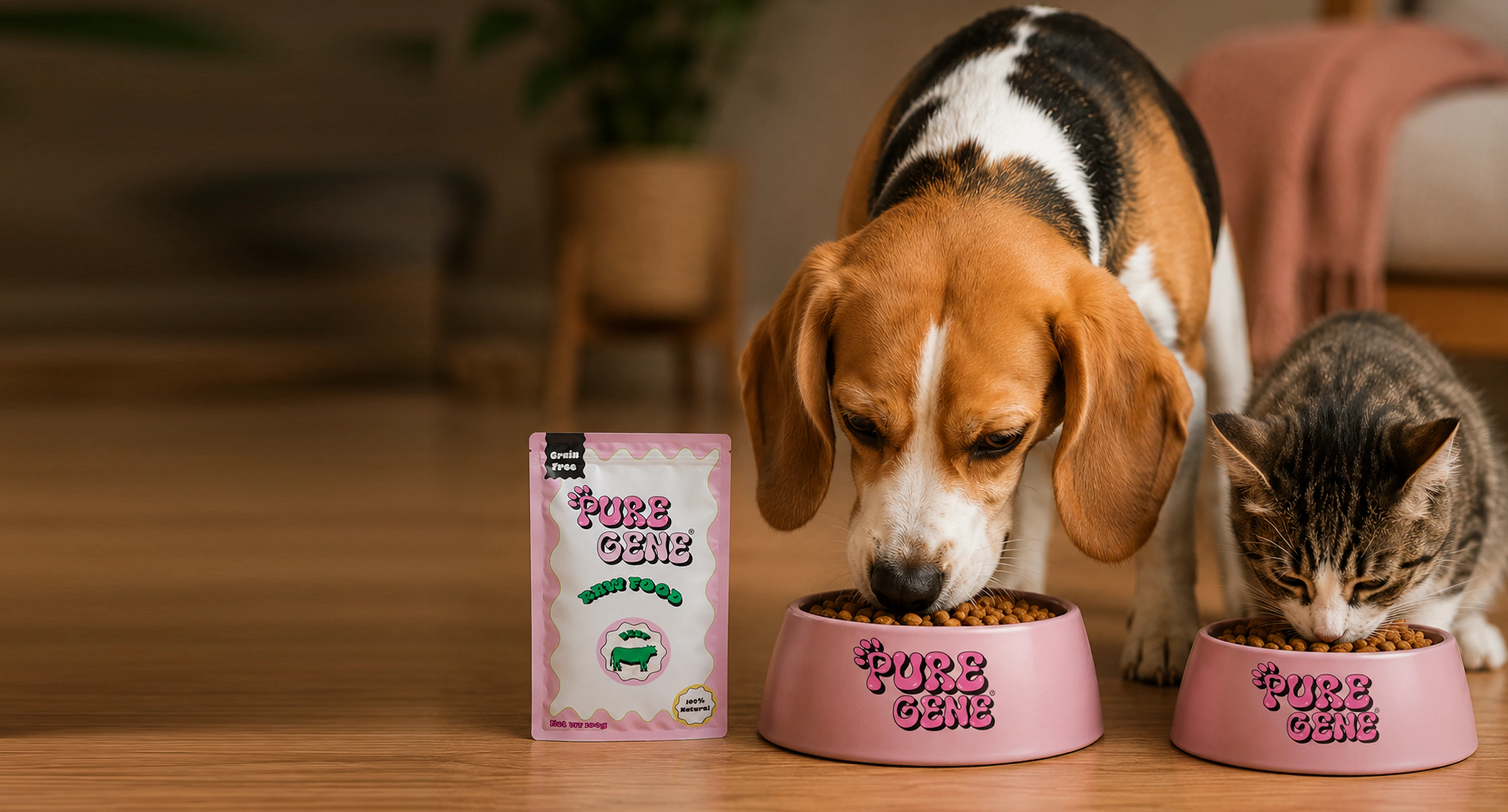 Dog and cat eating Pure Gene raw food from bowls