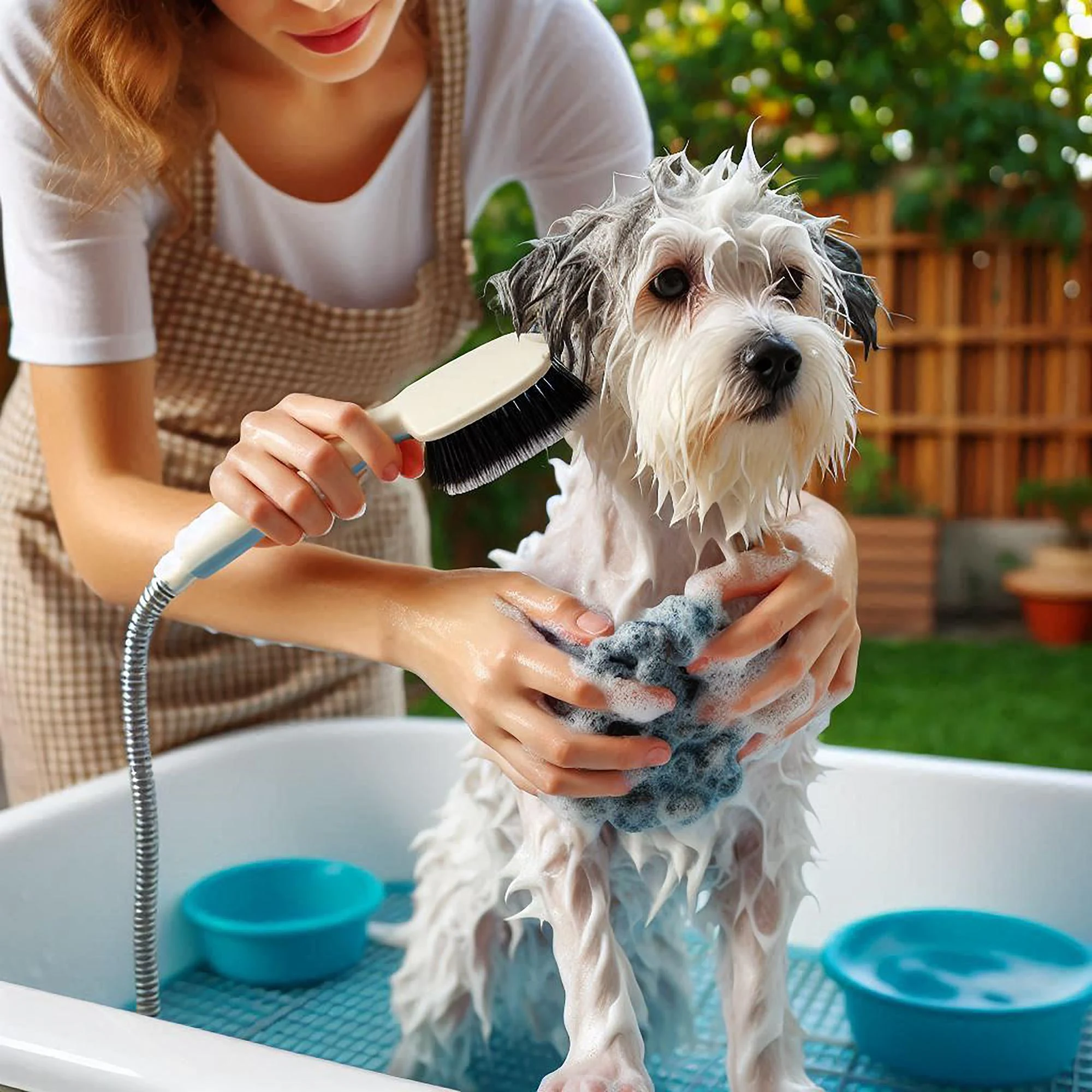 Groomer bathing and brushing a small dog