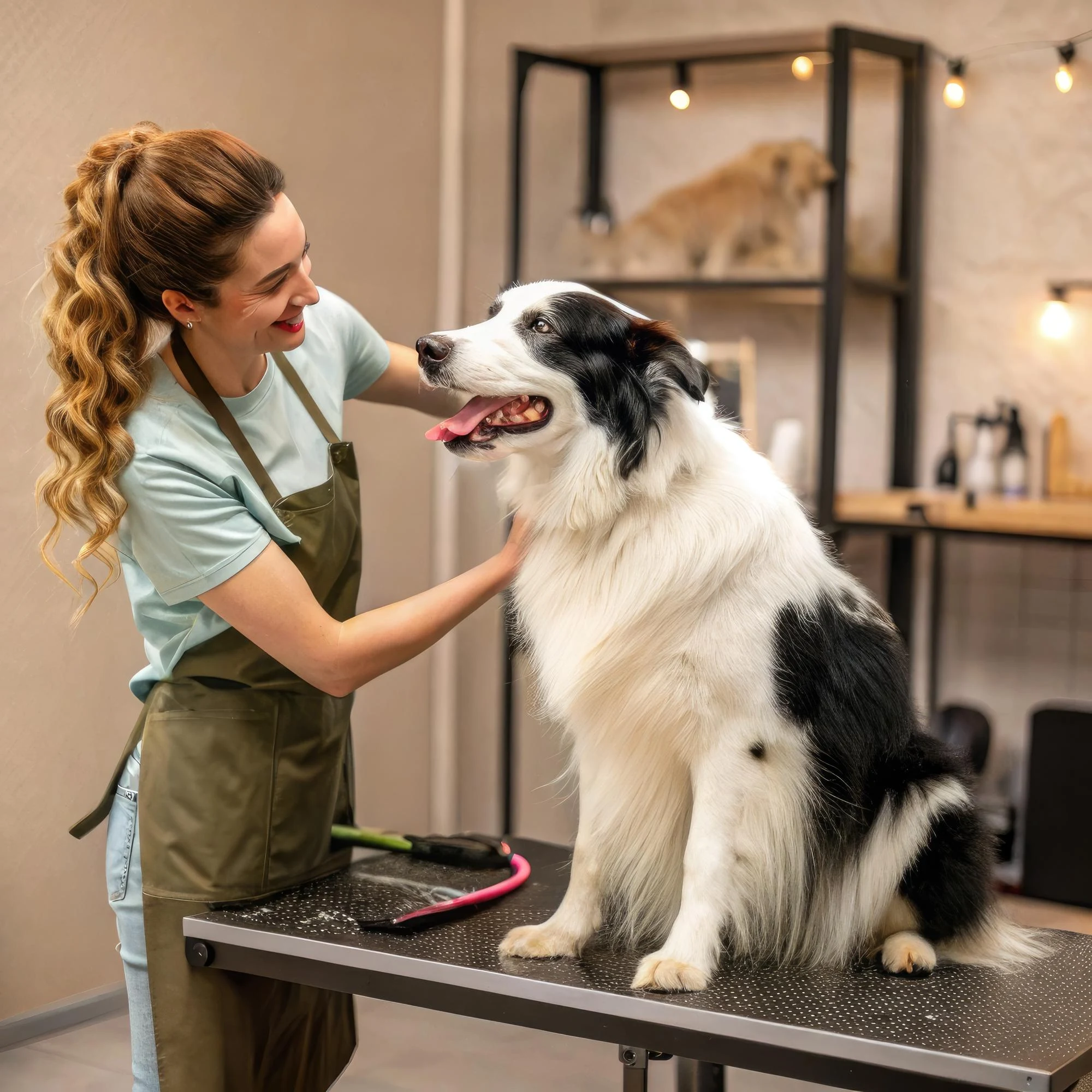 Groomer smiling at a border collie on the grooming table