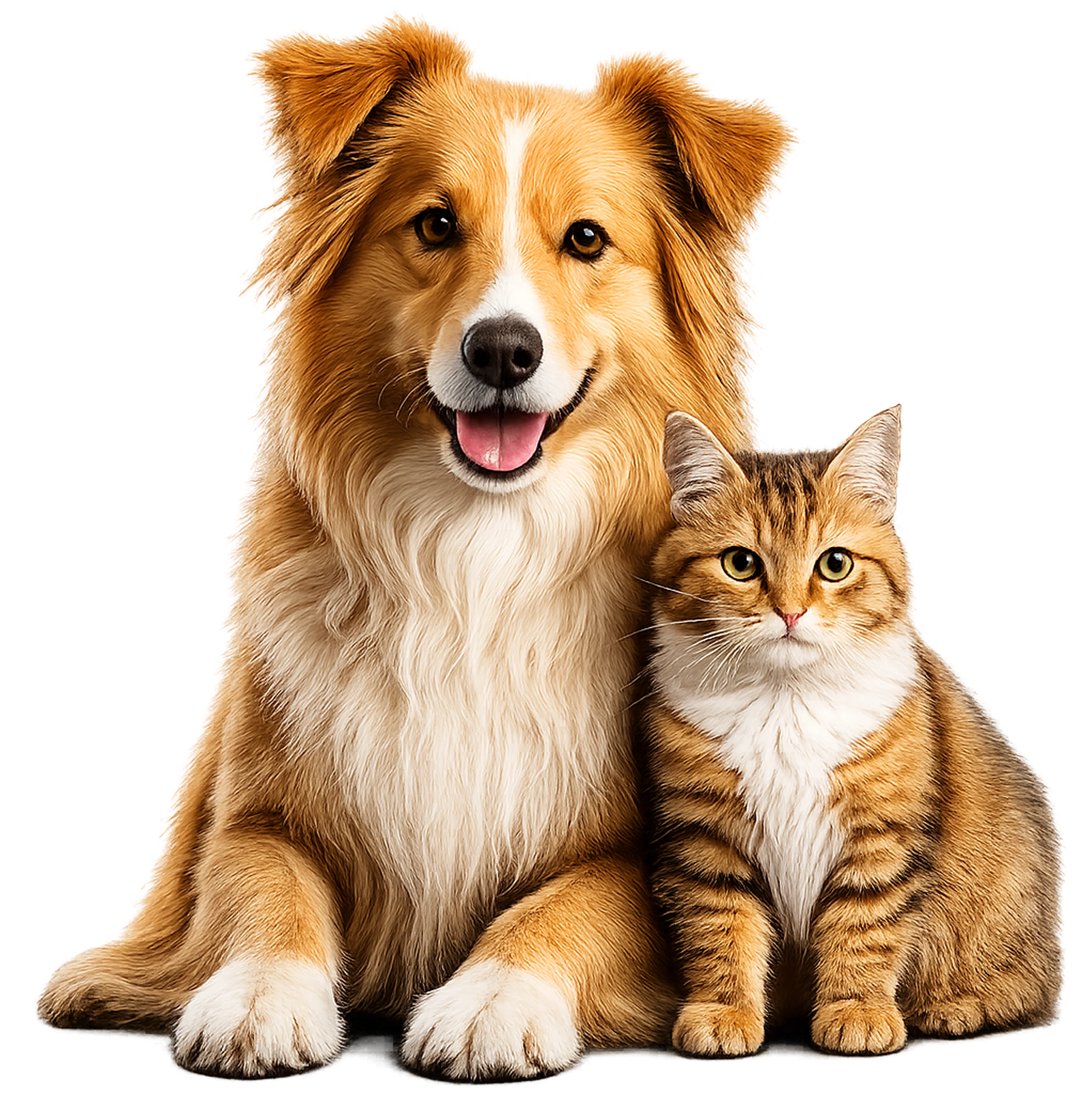 Happy dog and cat sitting together