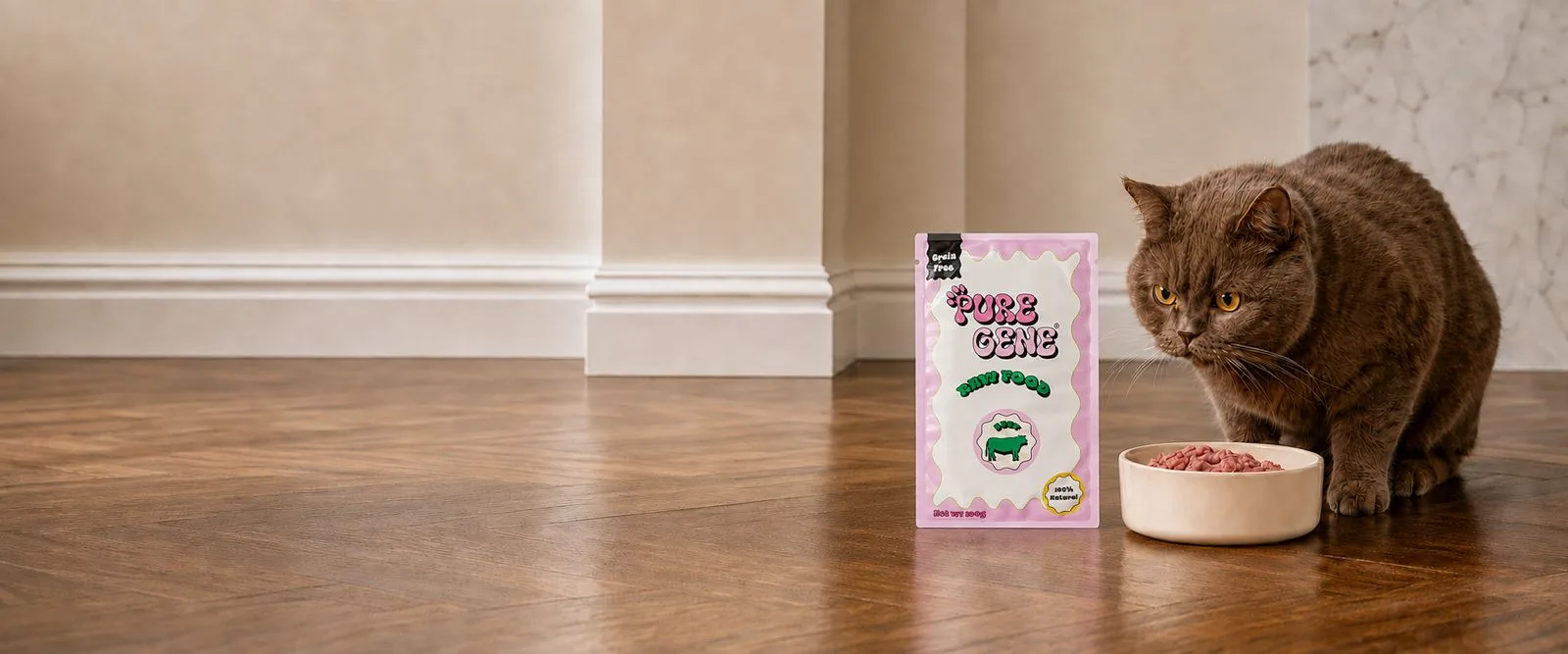 Cat eating raw food next to a PureGene package