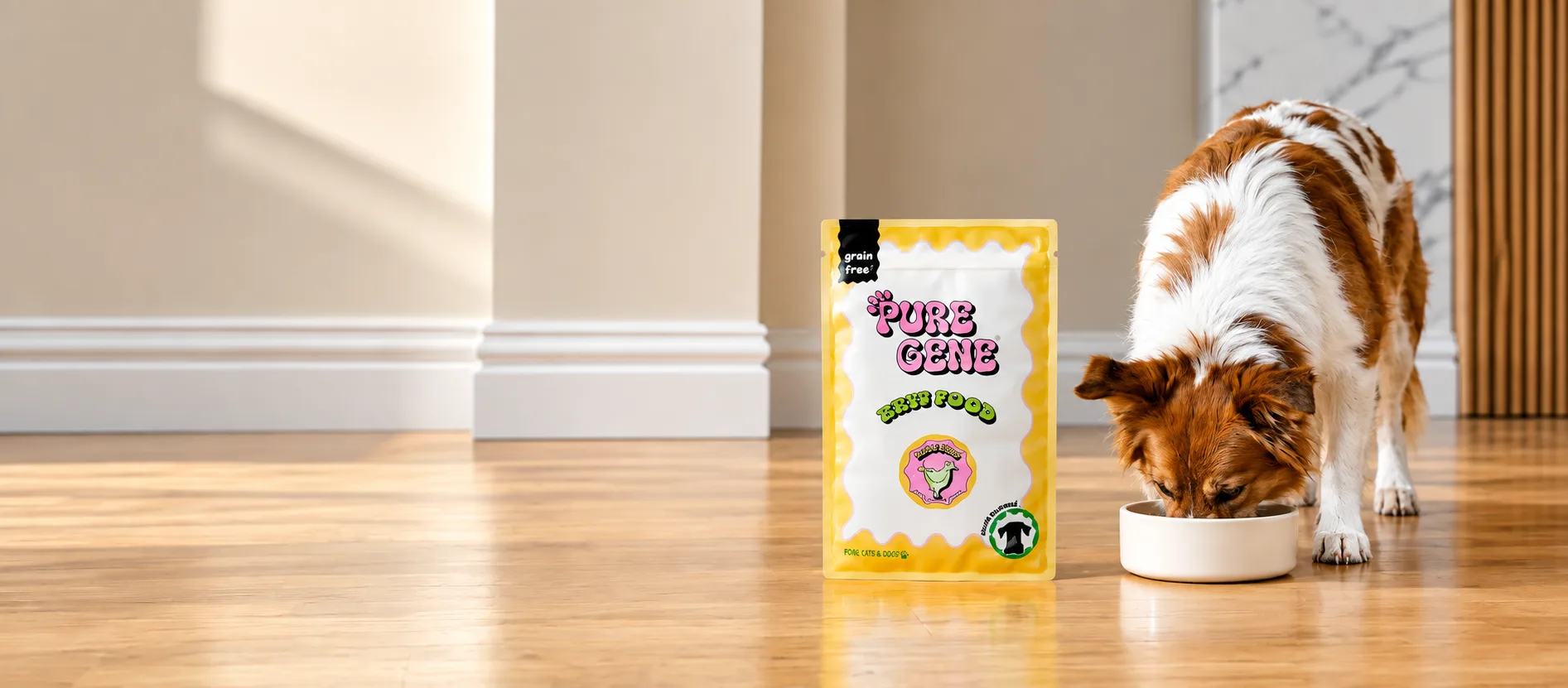 Dog eating from a bowl beside a PureGene beef food package