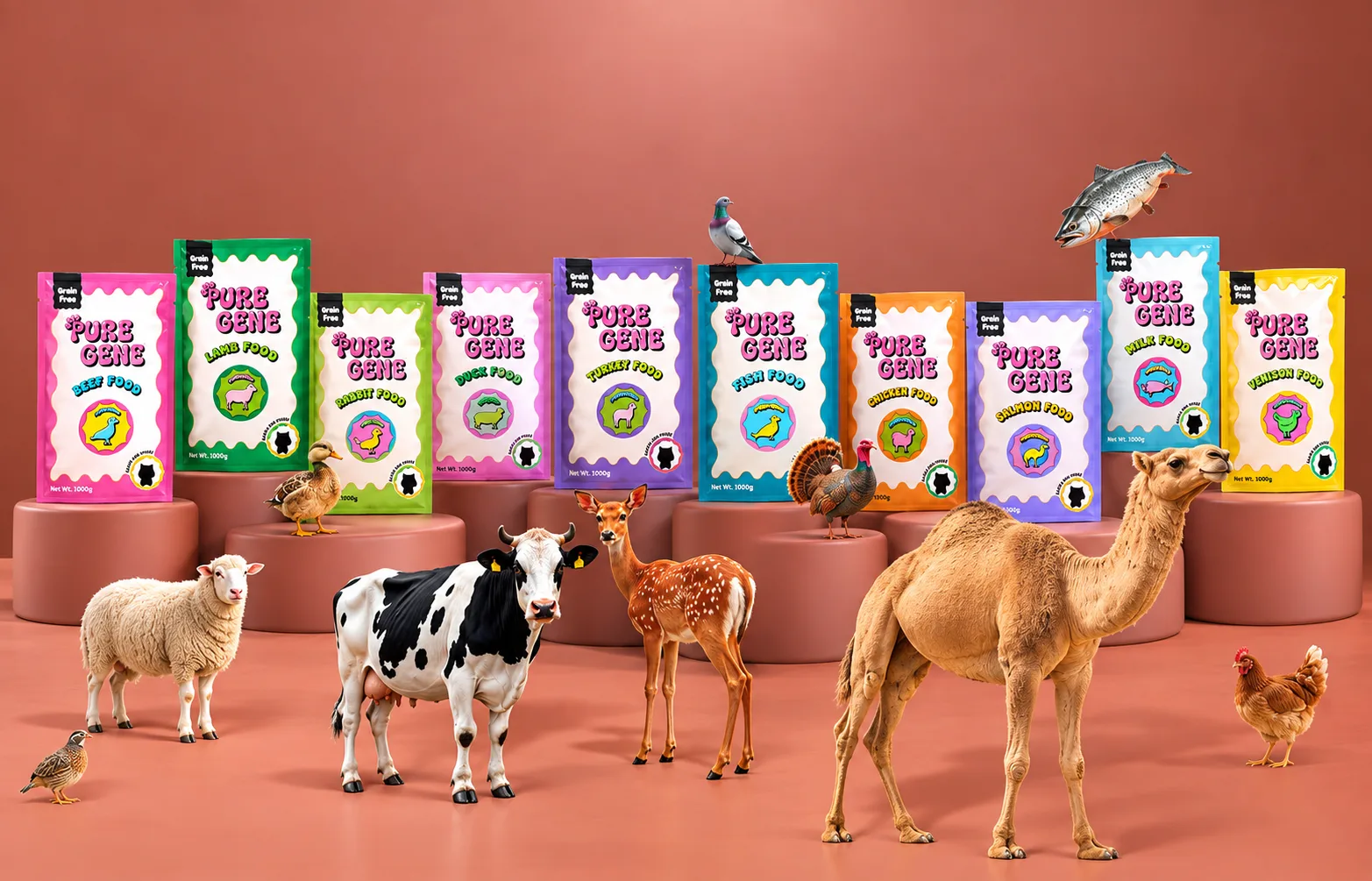 PureGene raw food packs for every protein, including a camel, surrounded by farm animals