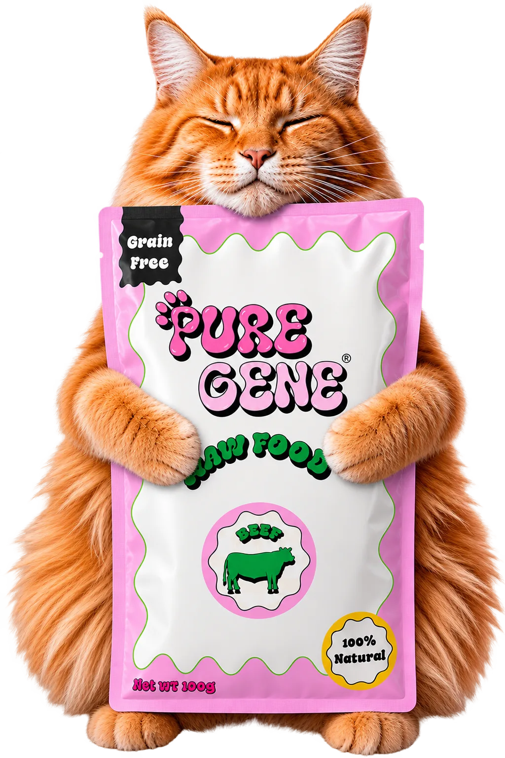 Cat holding a PureGene raw food package