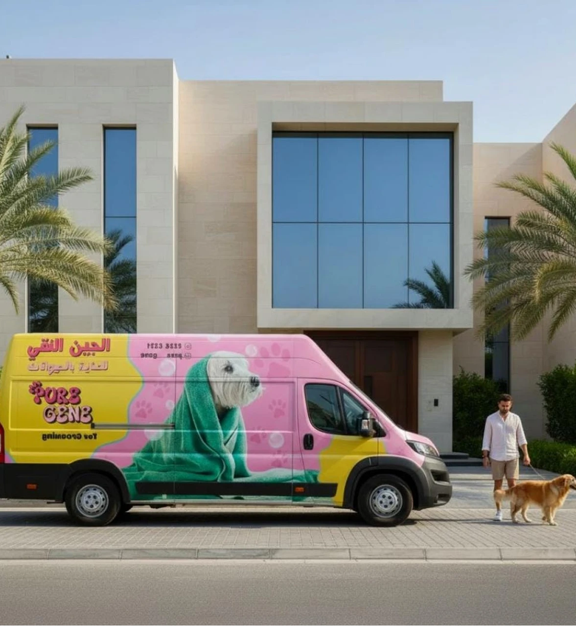 Pure Gene grooming van parked outside a villa