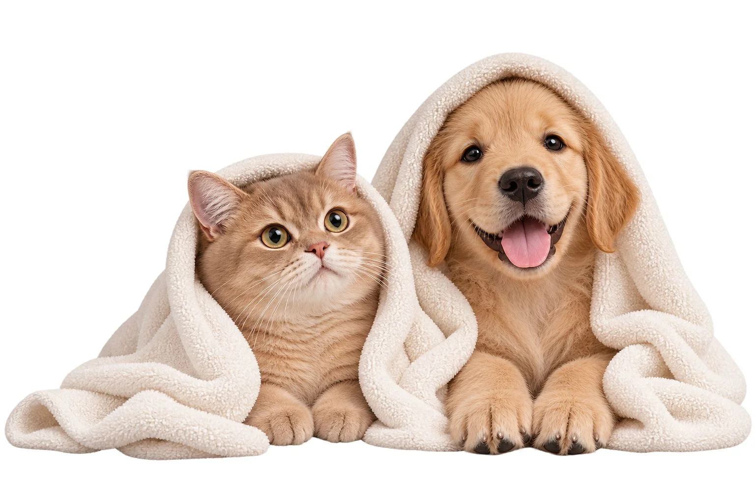 A cat and a puppy wrapped in cozy towels